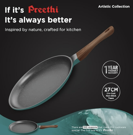 ‎Preethi Artistic Collection Die Cast Non Stick Tawa, 27 cm, 5 Star Non Stick Effect, Cook & Serve, Ocean Green - Image 2